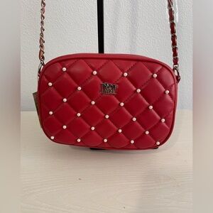 BADGLEY MISCHKA Diamond Quilted Camera Crossbody Bag with Pearls Valentines